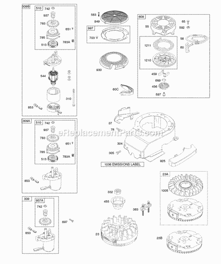 Blower Housing Electric Starter Flywheel Rewind Starter Diagram and Parts List for  Briggs and Stratton Engine